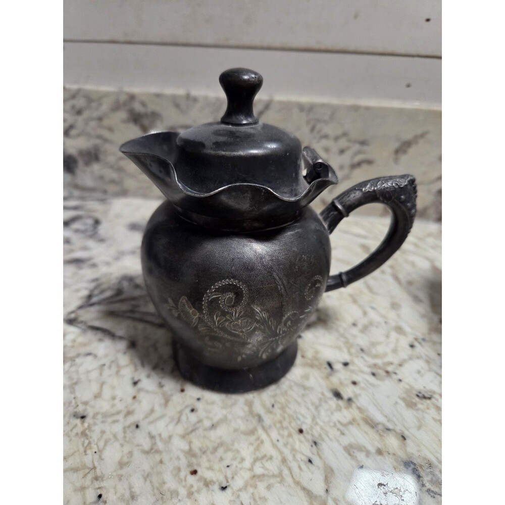 Vintage Columbia USA Pewter Quart Plate lidded Syrup cream Pitcher Floral Etched
